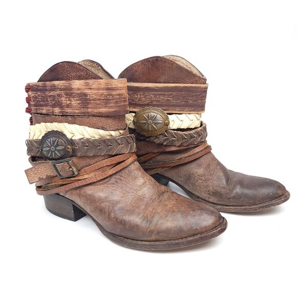 Freebird By Steven MZCAL Horse Girl Brown Leather Strap Ankle Buckle Booties 7 - Picture 1 of 11